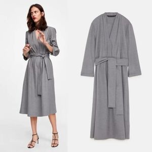 ZARA Grey Heather Zara Woman Dress 3/4 Sleeve Belt Gray Comfortable Pleats LG